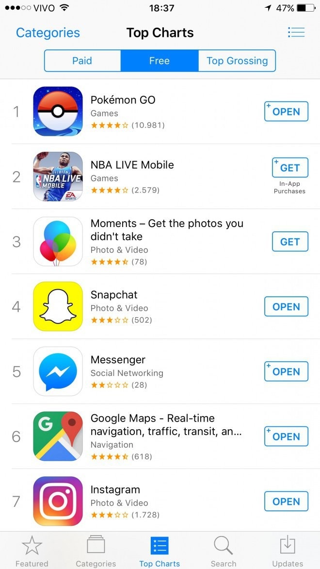 App Store da Apple com Pokemon Go no topo