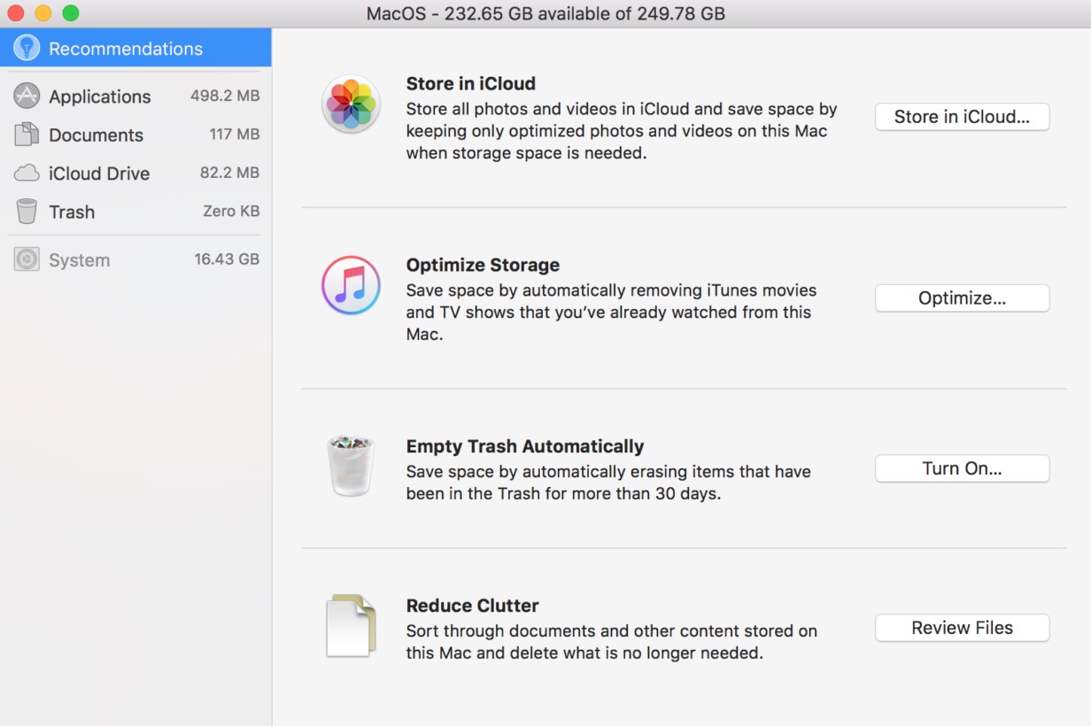 optimmizar espaço do macos sierra