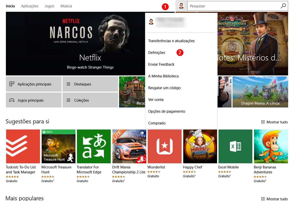 entrar nas definições da Windows Store